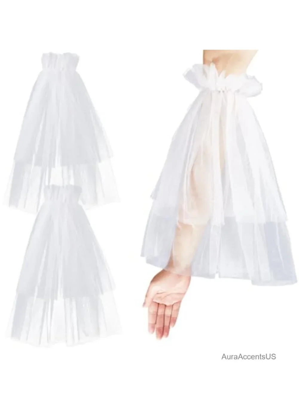 White Lace Arm Sleeves Nylon Sheer Puffy Fingerless Detachable Long Gloves